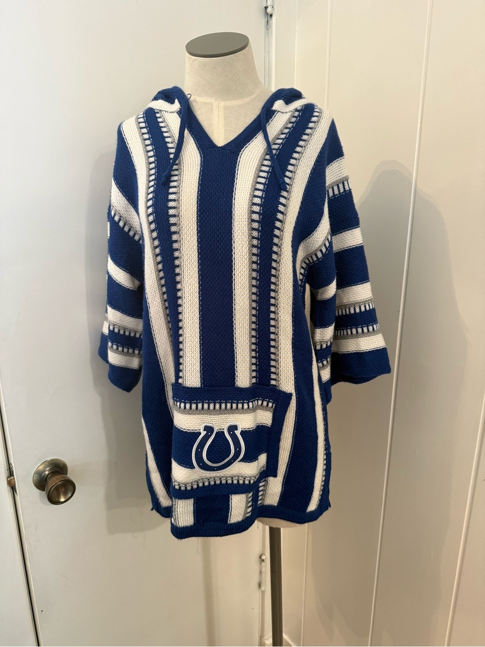 Team Apparel Colts Blue and White Striped V-Neck Hooded Sweater Sz S/M